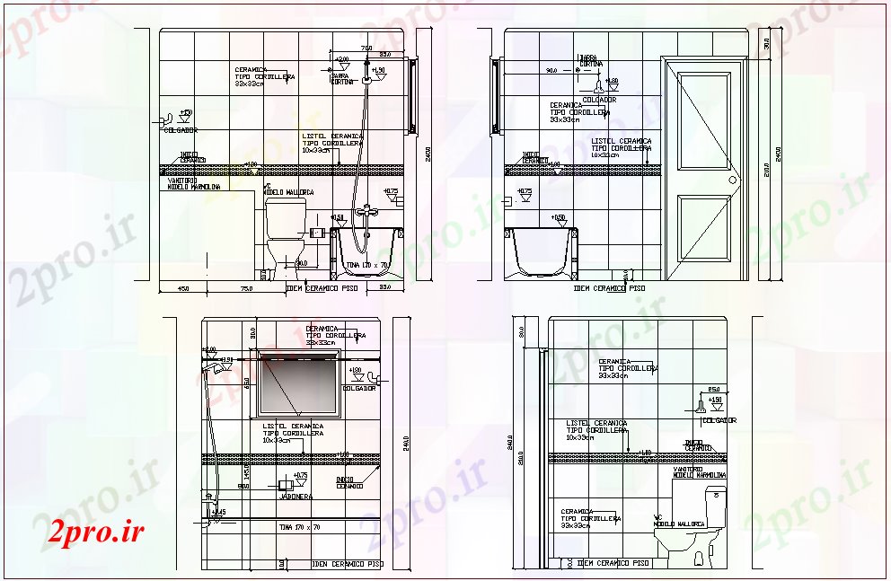 دانلود نقشه بلوک حمام و توالت نمای طراحی حمام برای آپارتمان    (کد45991)
