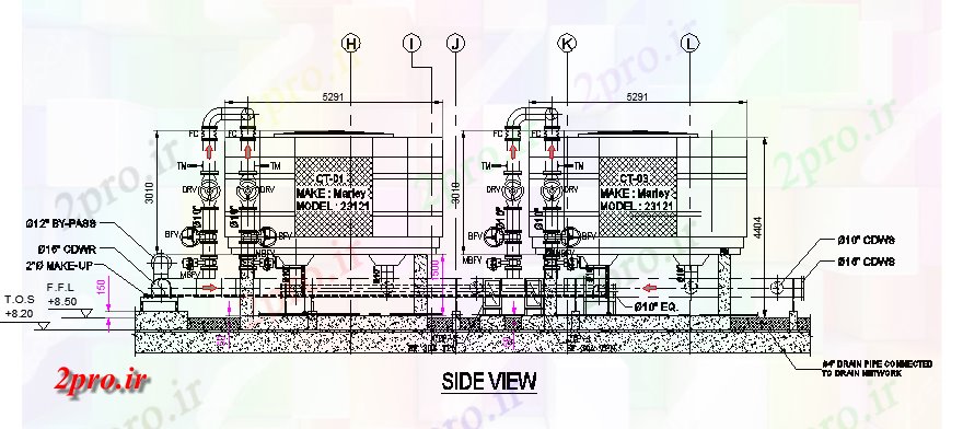 دانلود نقشه کارخانه صنعتی  ، کارگاه با دید جانبی خنک کننده جزئیات بخش برج (کد46005)