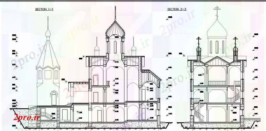 دانلود نقشه کلیسا - معبد - مکان مذهبی مقابل کلیسای جزئیات مقطعی (کد46077)