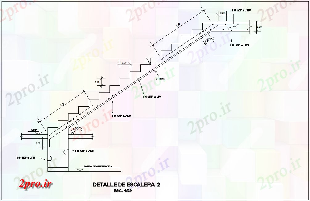 دانلود نقشه جزئیات ساخت و ساز نما پله با نمای ساخت و ساز برای خانواده خانه (کد46161)