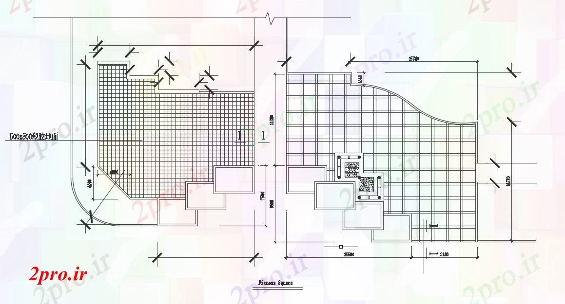 دانلود نقشه ورزشگاه ، سالن ورزش ، باشگاه منطقه تناسب اندام مربع با نمای معماری (کد46200)