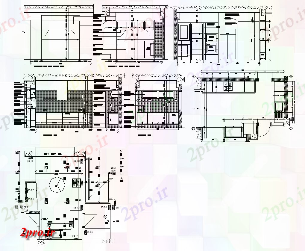 دانلود نقشه آشپزخانه خانه ساختار آشپزخانه بلوک  جزئیات نما طرحی و برنامه  (کد46383)