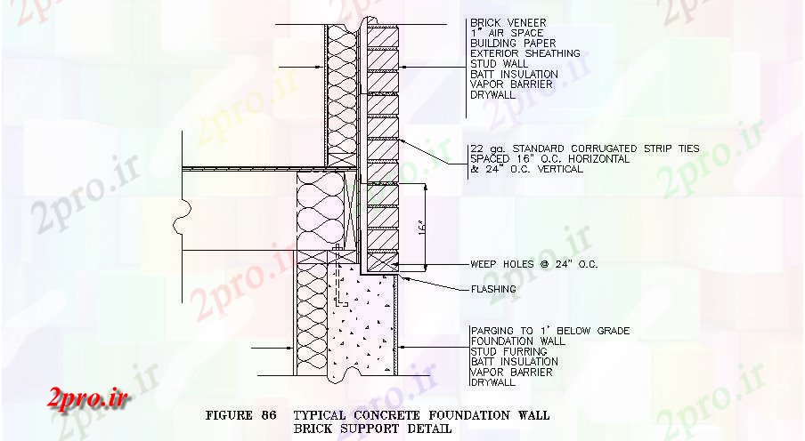 دانلود نقشه جزئیات ساخت و ساز ساخت و ساز بنیاد بتن معمولی دیوار پشتیبانی آجر جزئیات (کد46514)