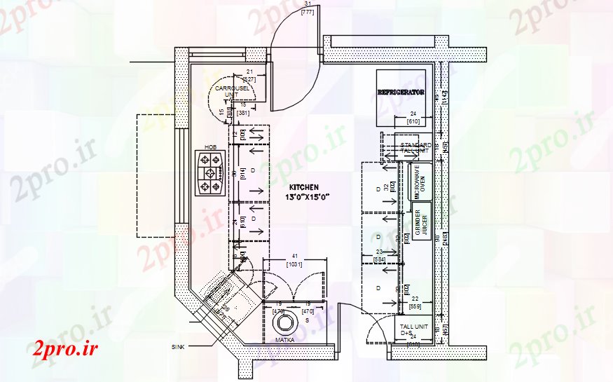 دانلود نقشه مسکونی  ، ویلایی ، آپارتمان   طرحی  آشپزخانه (کد46754)