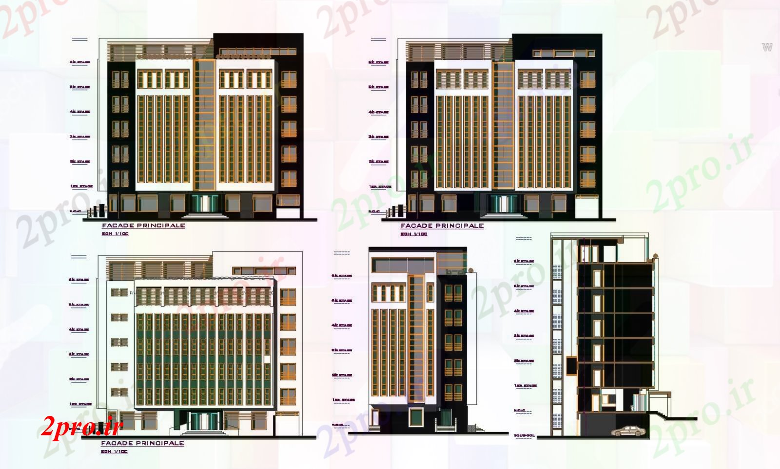 دانلود نقشه ساختمان اداری - تجاری - صنعتی   چند طبقه طراحی ساختمان با نما های مختلف (کد46814)
