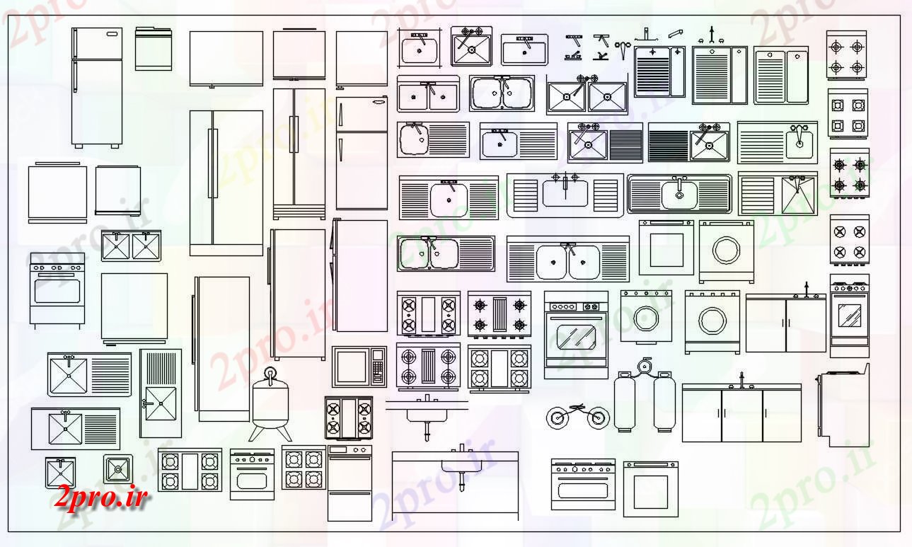 دانلود نقشه تجهیزات بهداشتی آشپزخانه  بلوک (کد46922)