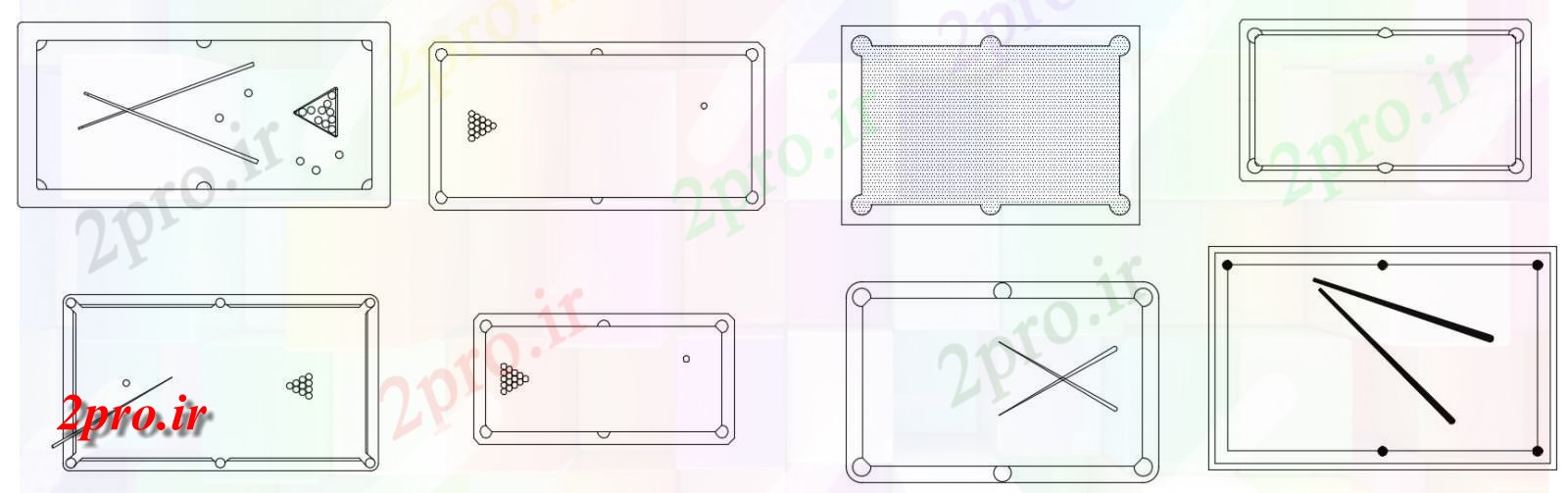 دانلود نقشه بلوک مبلمان میز بیلیارد طراحی داخل سالن بازی بلوک نمای دو بعدی  اتوکد    (کد47126)