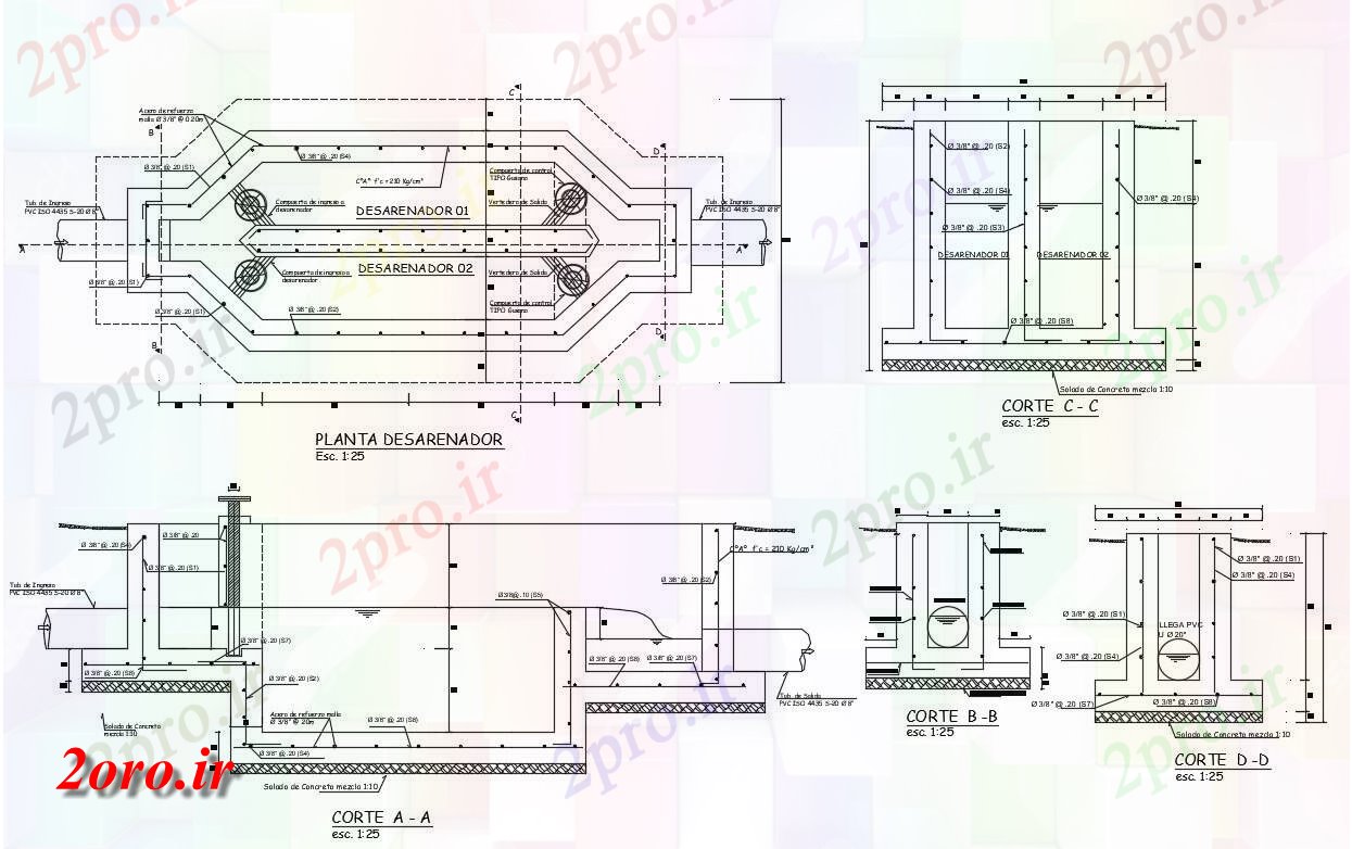 دانلود نقشه جزئیات ساختار   RCC کار طراحی طراحی از Desarenador  (کد47243)