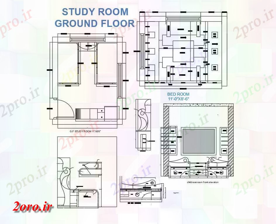 دانلود نقشه اتاق خواب کودکان  دو بعدی  از مطالعه طرحی اتاق و سقف طراحی، دیوار بلندی به  (کد47297)