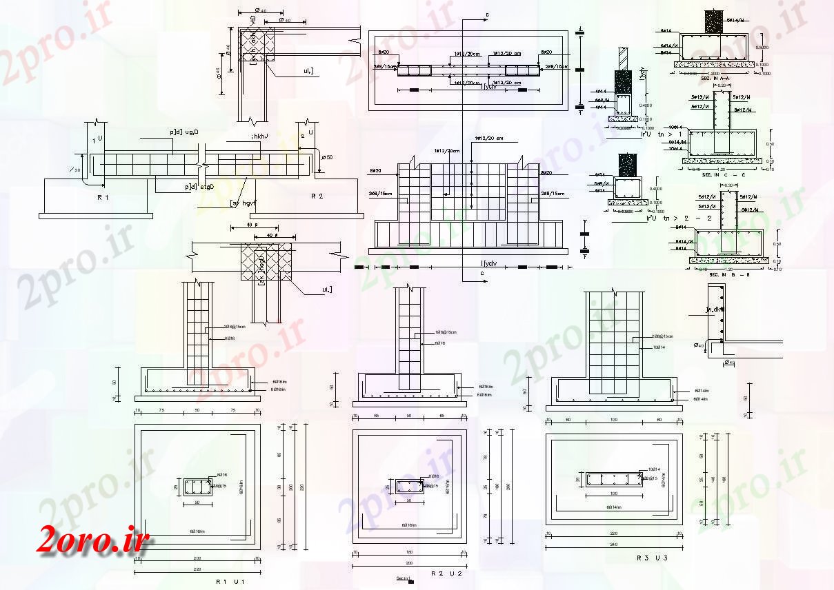 دانلود نقشه جزئیات ساختار ستون سازه بنیاد طراحی با میله اتوکد (کد47426)