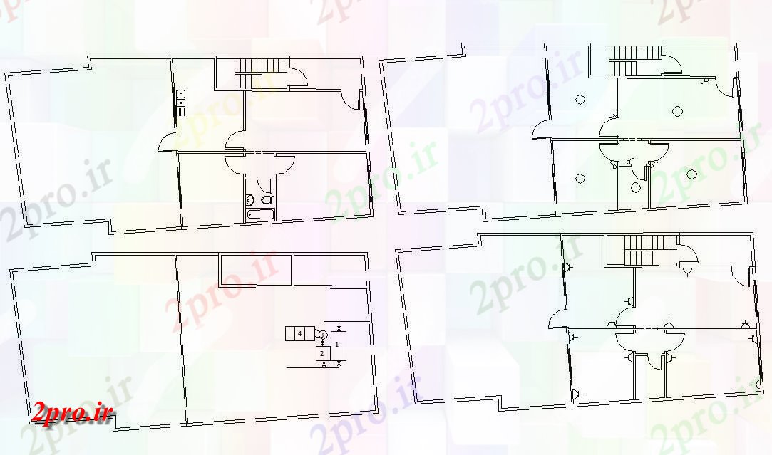 دانلود نقشه خانه های کوچک ، نگهبانی ، سازمانی - چهار برنامه از خانه طراحی با لوله کشی و چیدمان برق (کد47463)