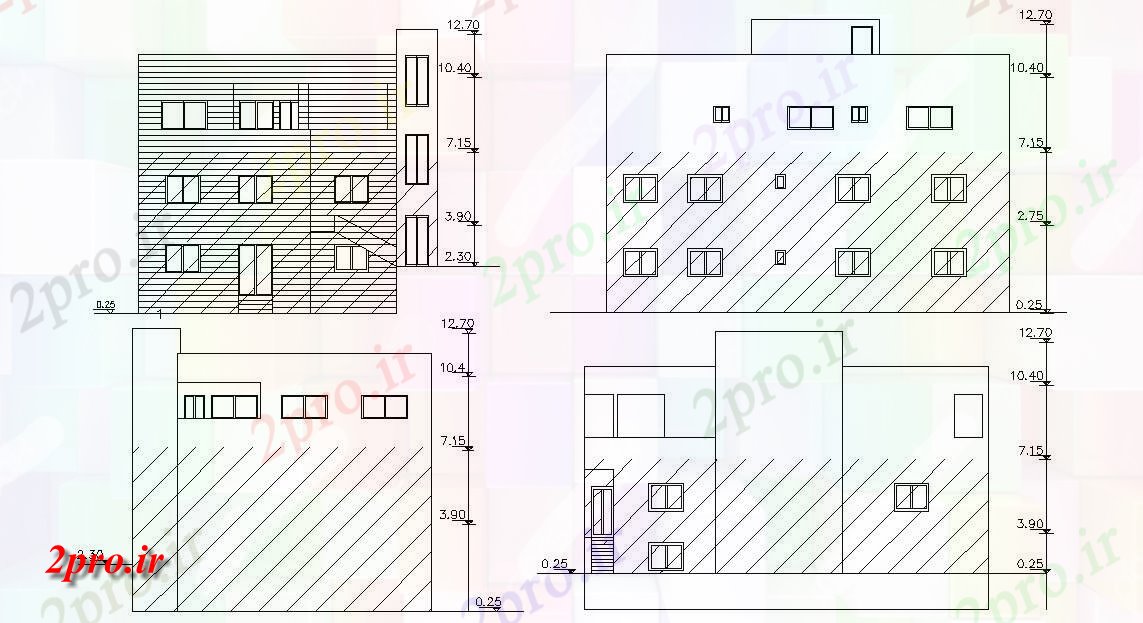 دانلود نقشه خانه های کوچک ، نگهبانی ، سازمانی - چهار طرف نما ساختمان مسکونی   (کد47485)