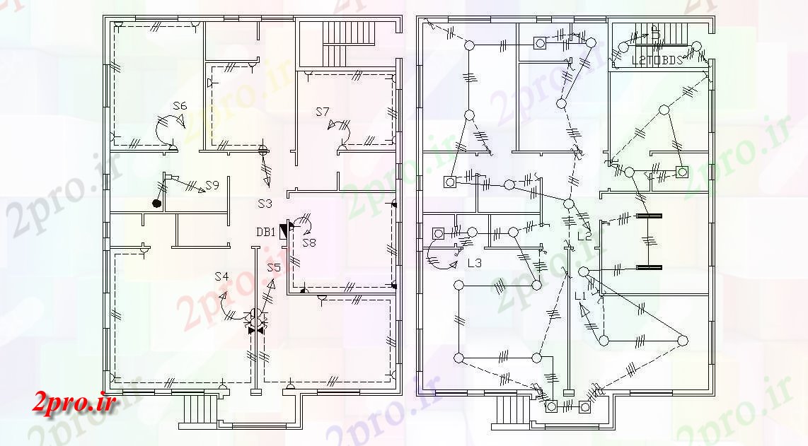 دانلود نقشه برق مسکونی طرحی چیدمان الکتریکی بزرگ ویلایی طراحی  نشیمن (کد47524)