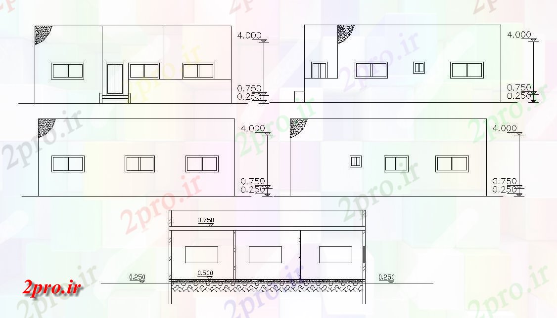 دانلود نقشه خانه های کوچک ، نگهبانی ، سازمانی - چهار طرف نماات و بخش از خانه  (کد47533)