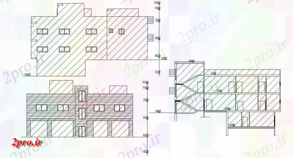 دانلود نقشه مسکونی  ، ویلایی ، آپارتمان  دو نما و بخش از ساختمان خانه (کد47587)