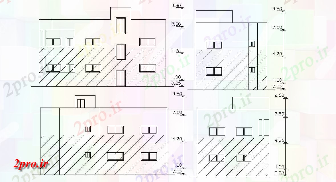 دانلود نقشه خانه های کوچک ، نگهبانی ، سازمانی - چهار طرف نماات ساختمان خانه (کد47588)