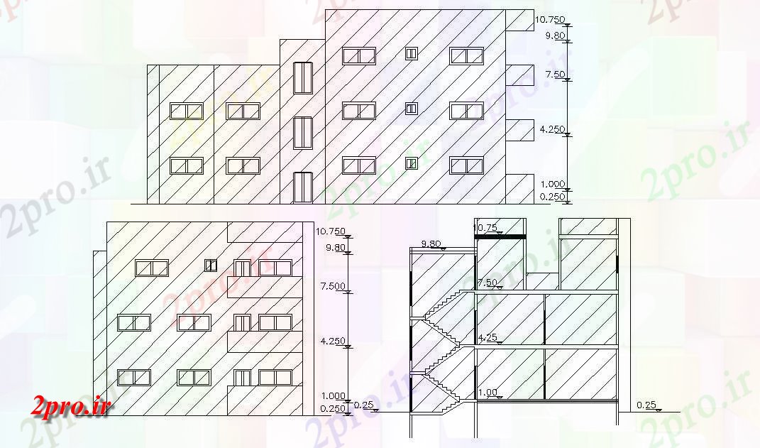 دانلود نقشه مسکونی  ، ویلایی ، آپارتمان  سه دان آپارتمان   نماات و بخش طراحی به  (کد47607)