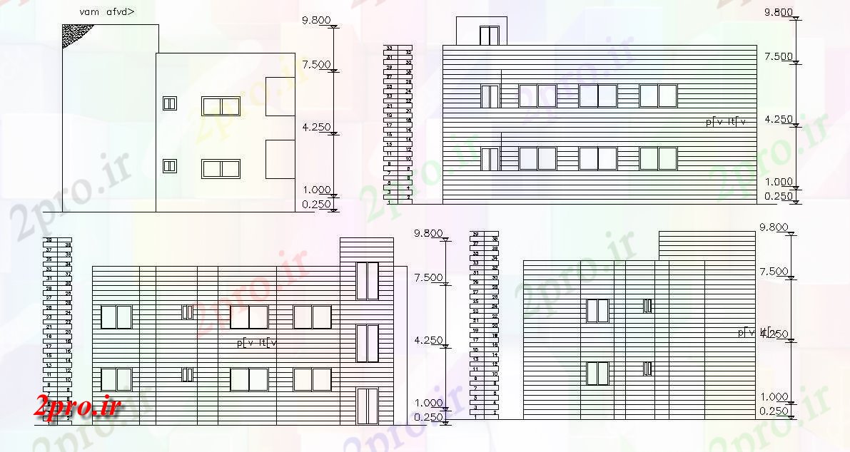 دانلود نقشه خانه های کوچک ، نگهبانی ، سازمانی - چهار طرف نماات دو طبقه ساختمان طراحی   (کد47630)