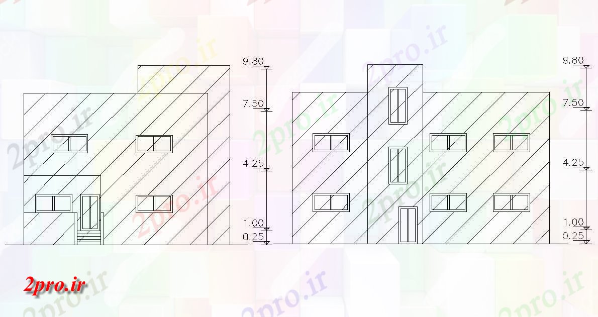 دانلود نقشه خانه های کوچک ، نگهبانی ، سازمانی - دو دان خانه نماات نشیمن معماری با ابعاد (کد47642)