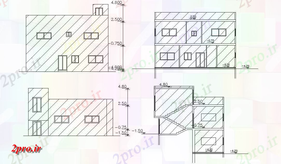 دانلود نقشه خانه های کوچک ، نگهبانی ، سازمانی - دو نما و بخش های اصلی طراحی به  (کد47643)