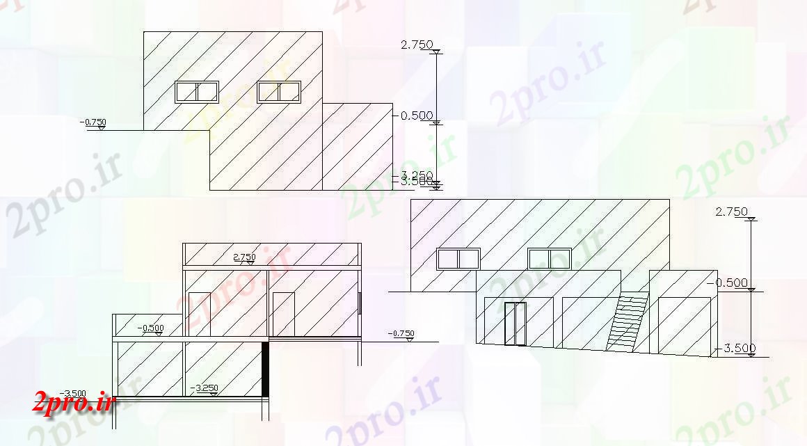 دانلود نقشه خانه های کوچک ، نگهبانی ، سازمانی - دو سطح خانه نمای طراحی و بخش  (کد47657)