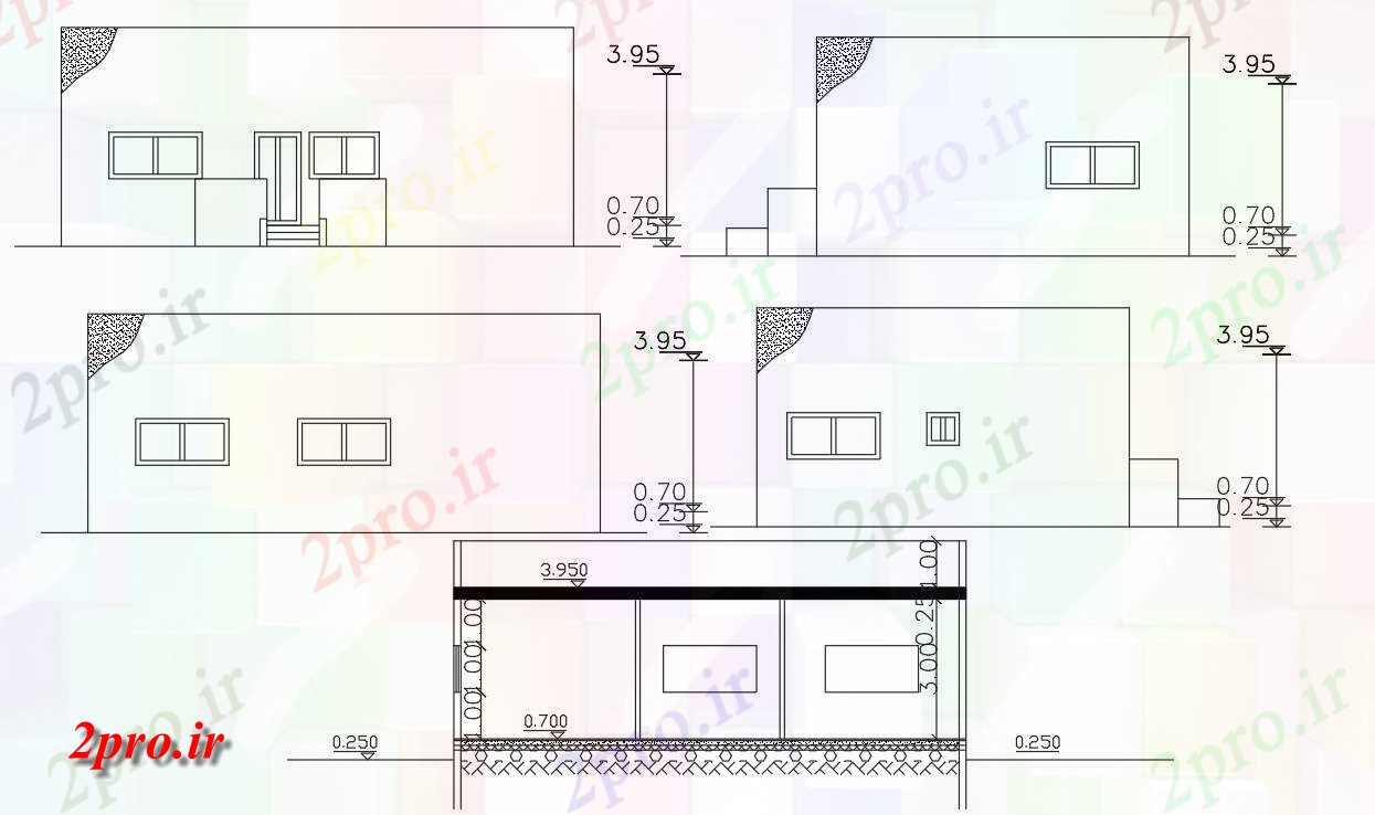 دانلود نقشه خانه های کوچک ، نگهبانی ، سازمانی - فوت مربع ساختمان خانه بخشی نما طراحی (کد47768)