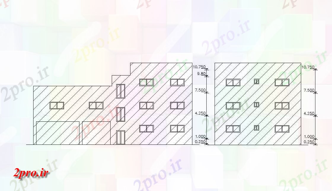 دانلود نقشه مسکونی  ، ویلایی ، آپارتمان    جلو و سمت  طراحی نمای (کد47800)