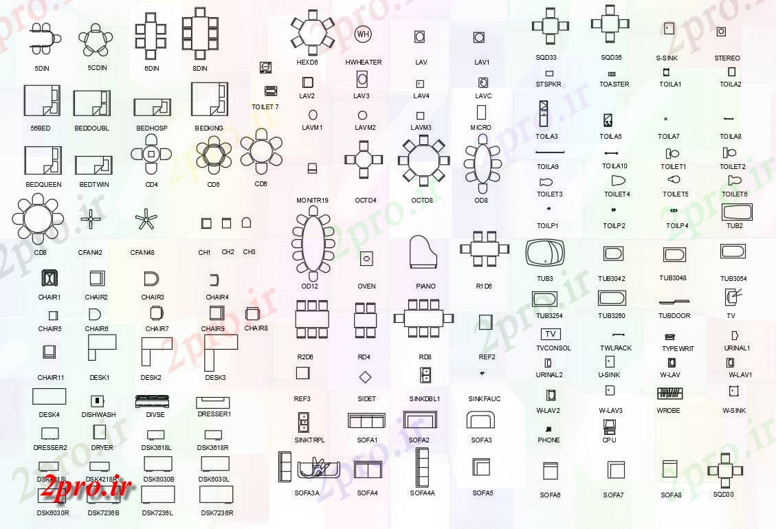 دانلود نقشه بلوک مبلمان تختخواب و جدول (کد47893)