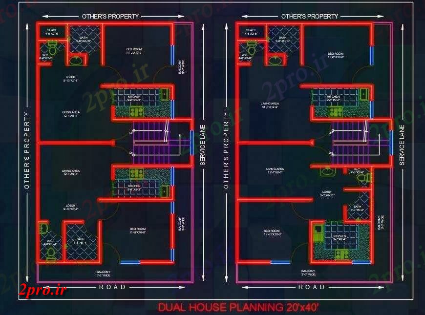 دانلود نقشه مسکونی  ، ویلایی ، آپارتمان    دو خانه برنامه ریزی کف طراحی 20'X40، (کد47894)