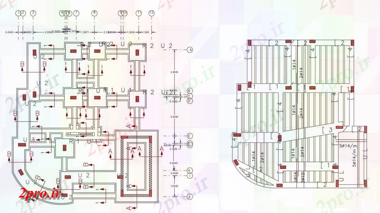 دانلود نقشه جزئیات ستون BHK خانه طرحی بنیاد و دال نوار طراحی (کد47913)