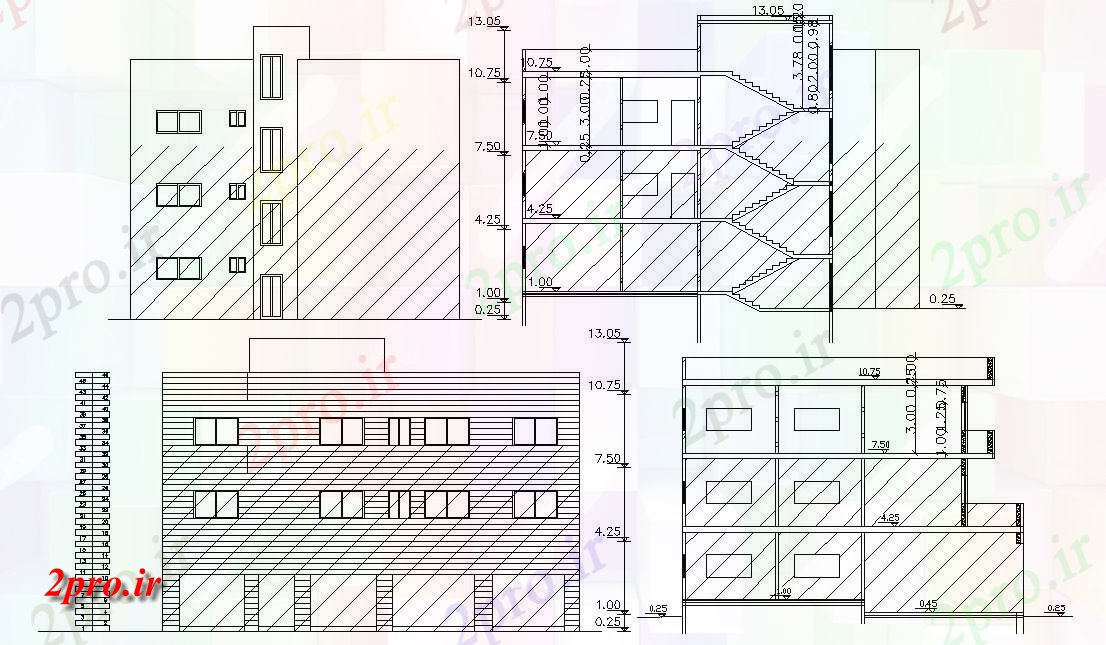 دانلود نقشه مسکونی  ، ویلایی ، آپارتمان  G + 2 زندگی آپارتمان   نما و بخش نشیمن (کد48001)