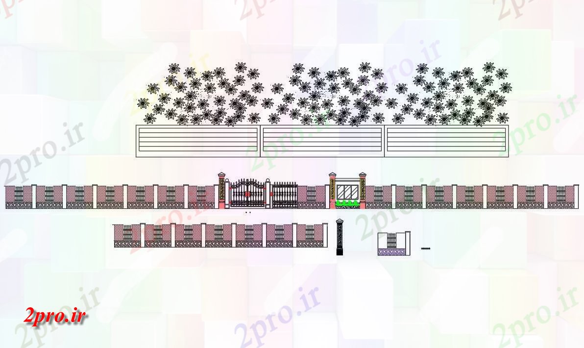 دانلود نقشه بلوک در و نرده های دیوار دروازه و دیوار ترکیب طراحی نما جلو (کد48033)
