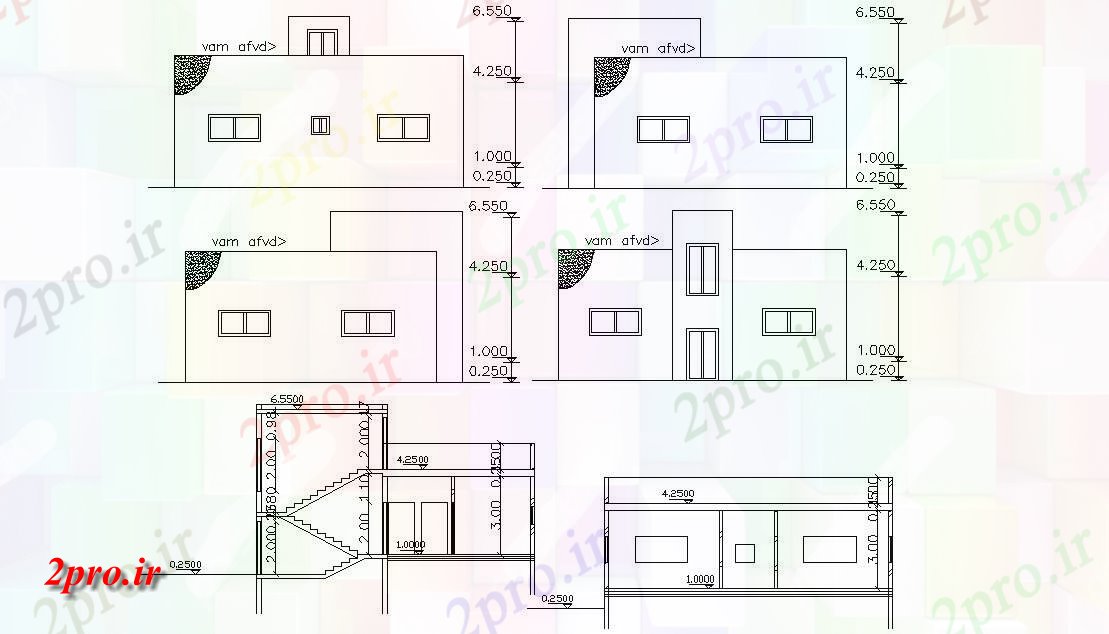 دانلود نقشه خانه های کوچک ، نگهبانی ، سازمانی - بخش و نما طراحی مسکن (کد48044)