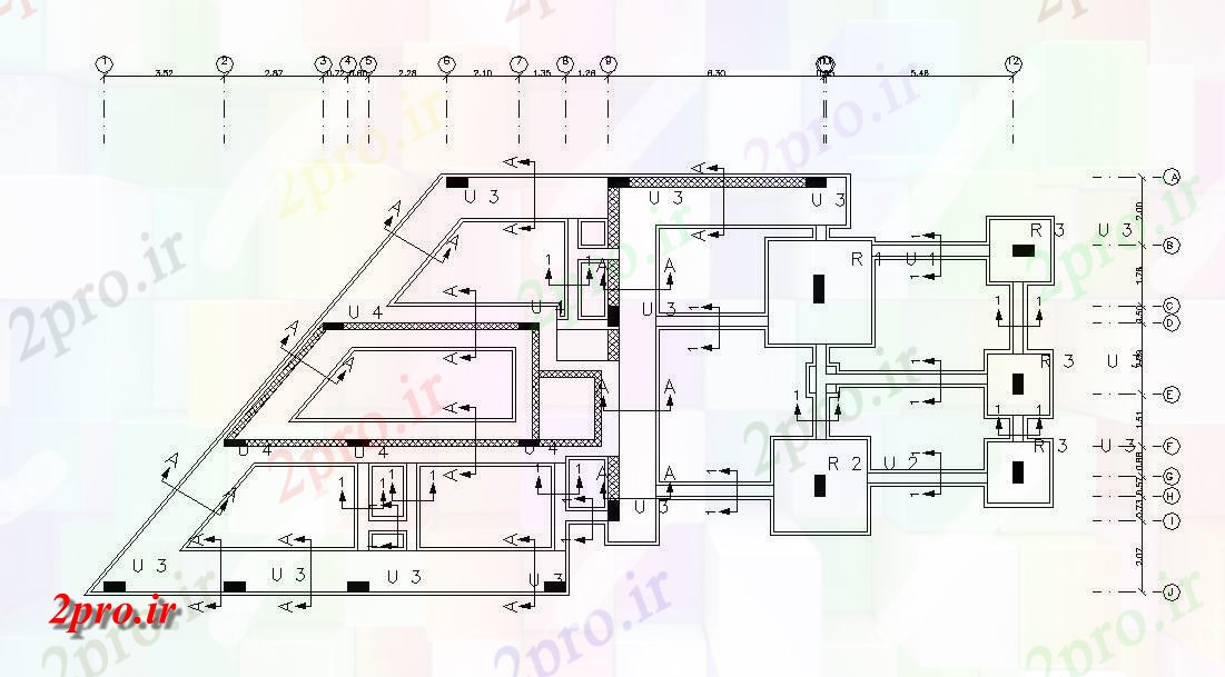 دانلود نقشه مسکونی  ، ویلایی ، آپارتمان    خانه طرحی بنیاد با مرکز خط (کد48052)