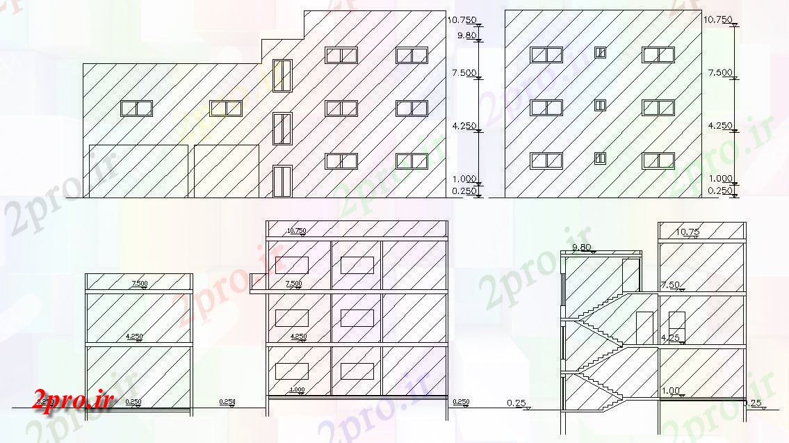 دانلود نقشه مسکونی  ، ویلایی ، آپارتمان  G + 2 پوش آپارتمان   نما و بخش طراحی (کد48076)