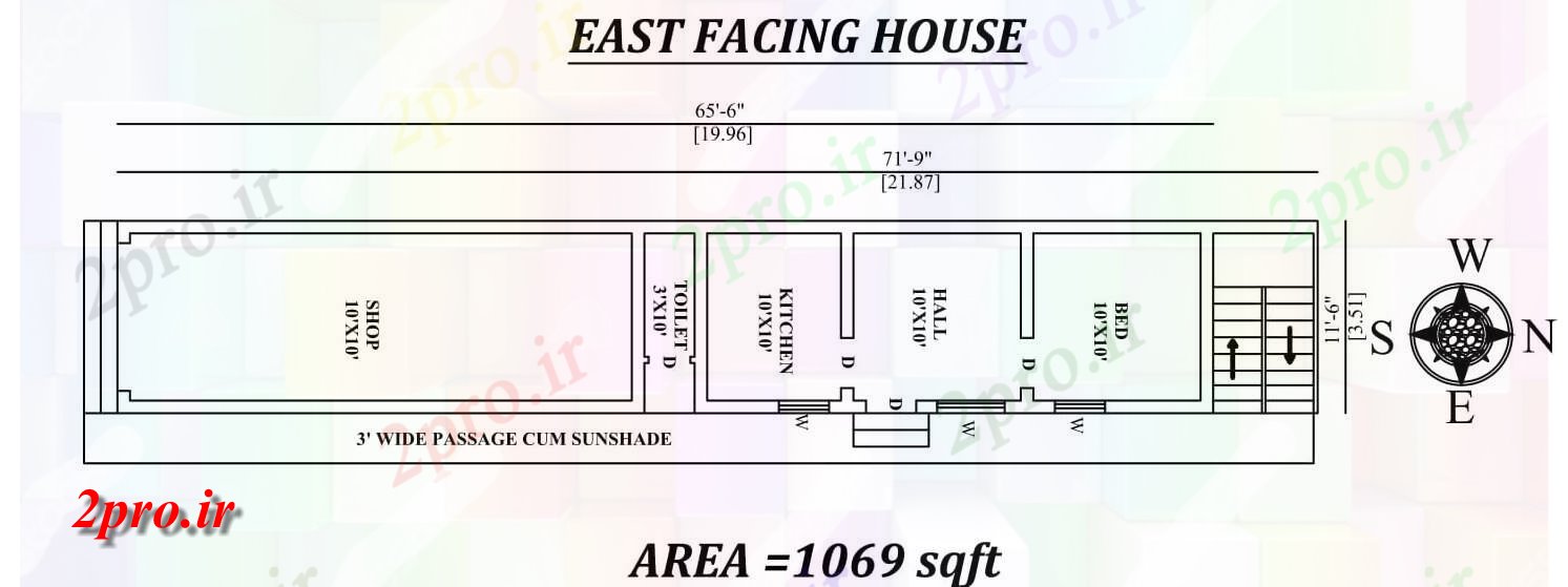 دانلود نقشه مسکونی  ، ویلایی ، آپارتمان  6     X11'6     تنها BHK شرق مواجه طرحی خانه با فروشگاه به عنوان در هر Vastu را Shastra  و جزئیات  پی دی اف (کد48110)