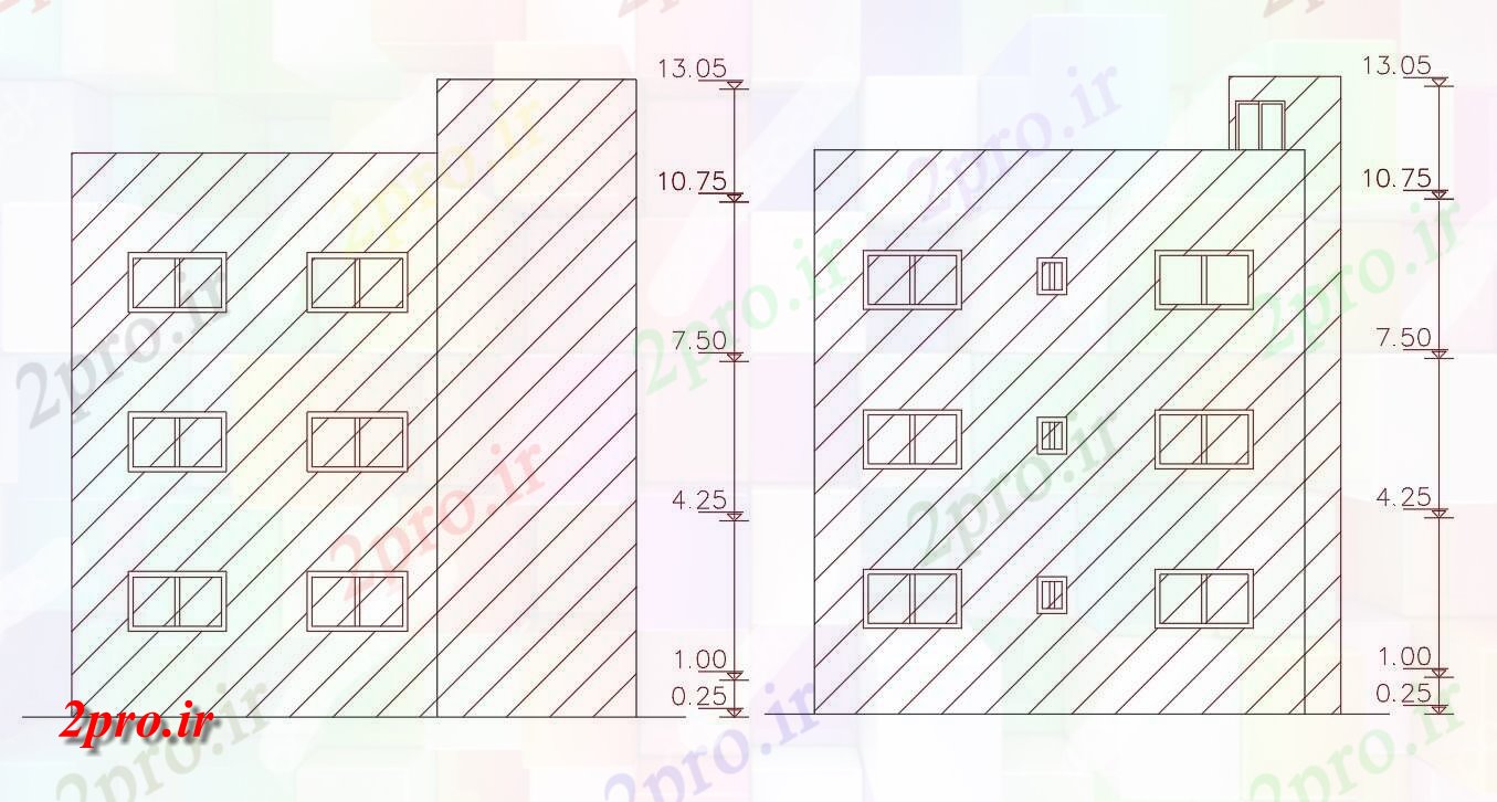 دانلود نقشه مسکونی  ، ویلایی ، آپارتمان    آپارتمان   سمت چپ و عقب نما طراحی (کد48207)