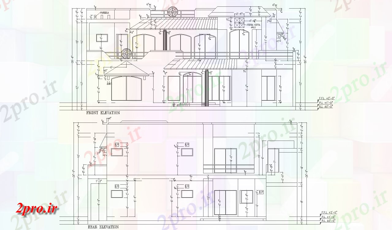 دانلود نقشه مسکونی  ، ویلایی ، آپارتمان  جلو و عقب نمای طراحی G + 1 خانه،    (کد48243)