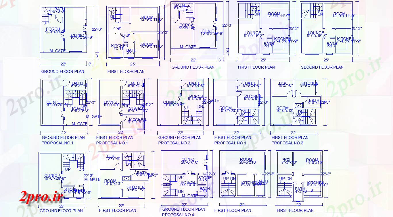 دانلود نقشه مسکونی  ، ویلایی ، آپارتمان  هفت نوع مختلف 22'X22 از تک طرحی BHK خانه نیز طرحی کلینیک  دسترس   (کد48296)