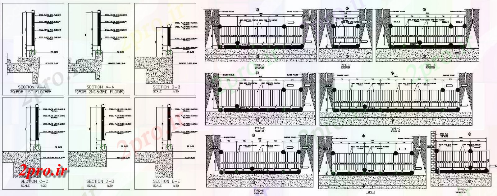 دانلود نقشه بلوک در و نرده های دیوار هشت نوع از فولاد ضد زنگ راه پله نرده بخش و نما موجود   طراحی (کد48325)