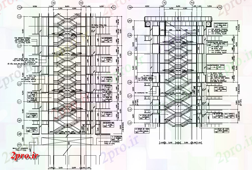 دانلود نقشه پلان مقطعی  های  نشان دادن جزئیات از طرحی بخش مختصری از ساختمان بلند راه پله نقشه های دو بعدی  (کد48375)