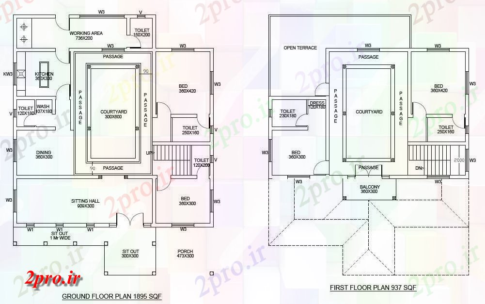 دانلود نقشه مسکونی  ، ویلایی ، آپارتمان  BHK خانه (کد48494)