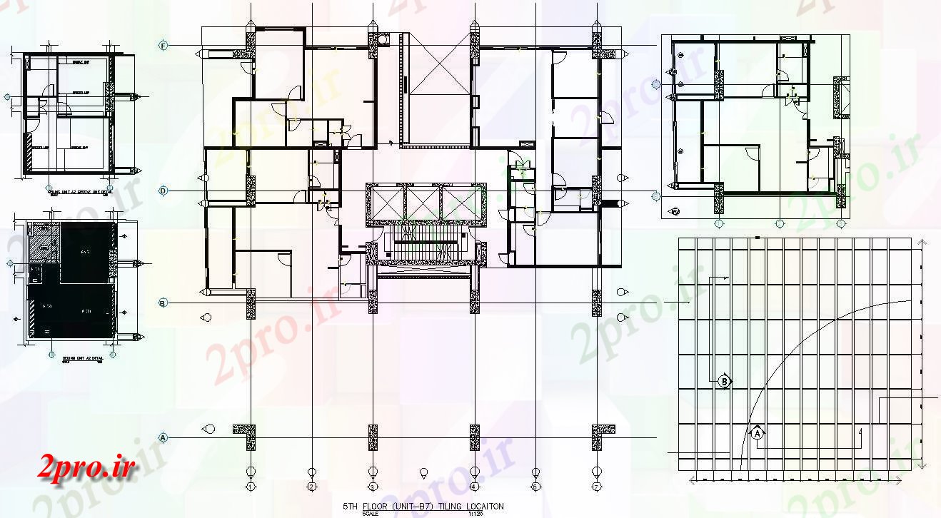 دانلود نقشه پلان مقطعی   نشان دادن جزئیات مربوط به طرحی طبقه پنجم واحد خانه طبقه و کاشی کاری جزئیات با واحد نرده های شیشه ای  که   طراحی  (کد48509)