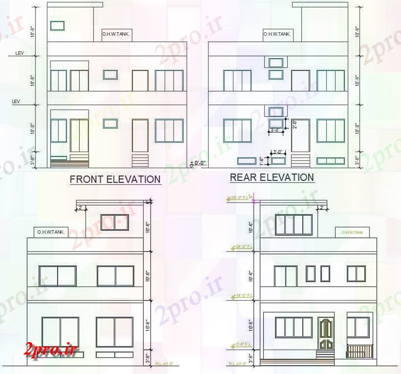 دانلود نقشه مسکونی  ، ویلایی ، آپارتمان  اتوکد  نشان می دهد جلو، سمت عقب نما 2BHK G + 1 خانه   plan (کد48576)