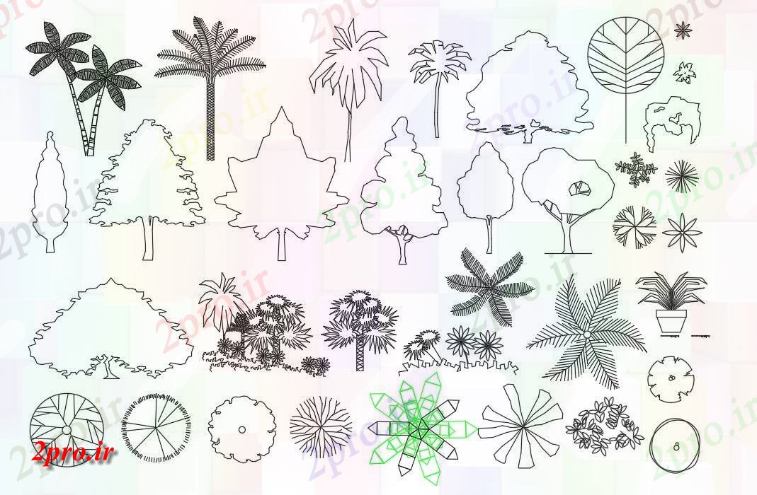 دانلود نقشه درختان و گیاهان باغ   بالا  و نما طراحی (کد48609)