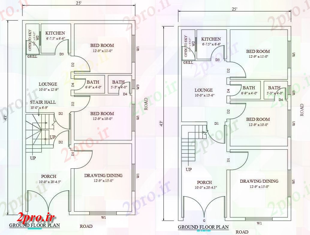 دانلود نقشه مسکونی  ، ویلایی ، آپارتمان    فاده از 2bedroom 25'X43 'G + 1 طرحی خانه،    (کد48612)