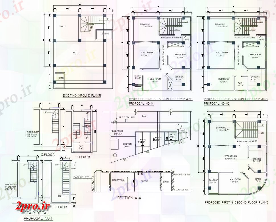 دانلود نقشه مسکونی  ، ویلایی ، آپارتمان    فاده از 27'X34 'تک اتاق خواب طرحی G + 2 خانه،    (کد48613)