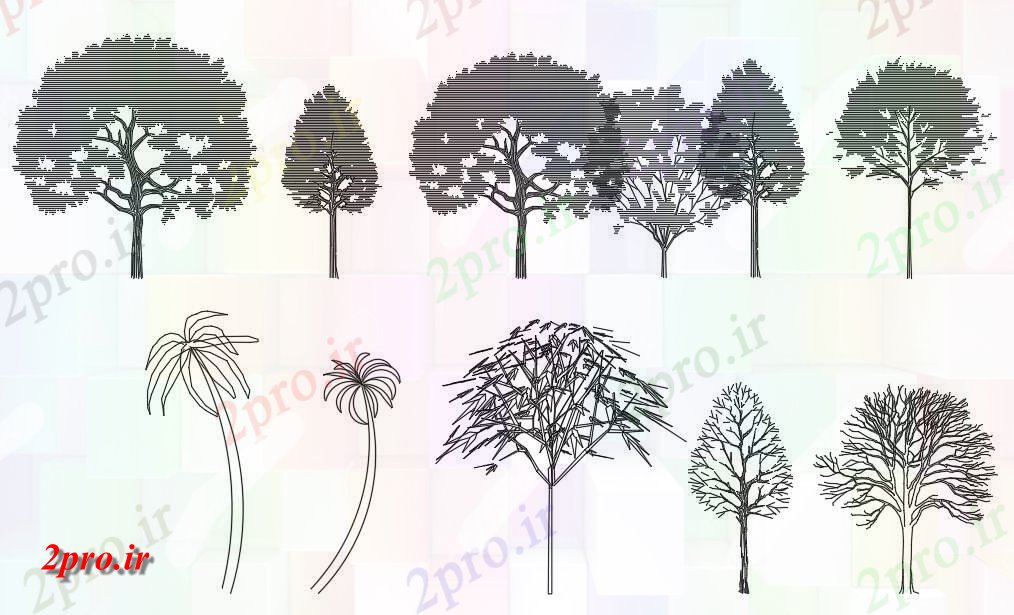 دانلود نقشه درختان و گیاهان چشم انداز درخت  بلوک نما طراحی (کد48623)