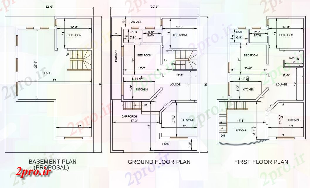 دانلود نقشه مسکونی  ، ویلایی ، آپارتمان   دو بعدی   فاده از 32'6     X 50 'اتاق خواب دو نفره G + 1 طرحی خانه،    (کد48627)