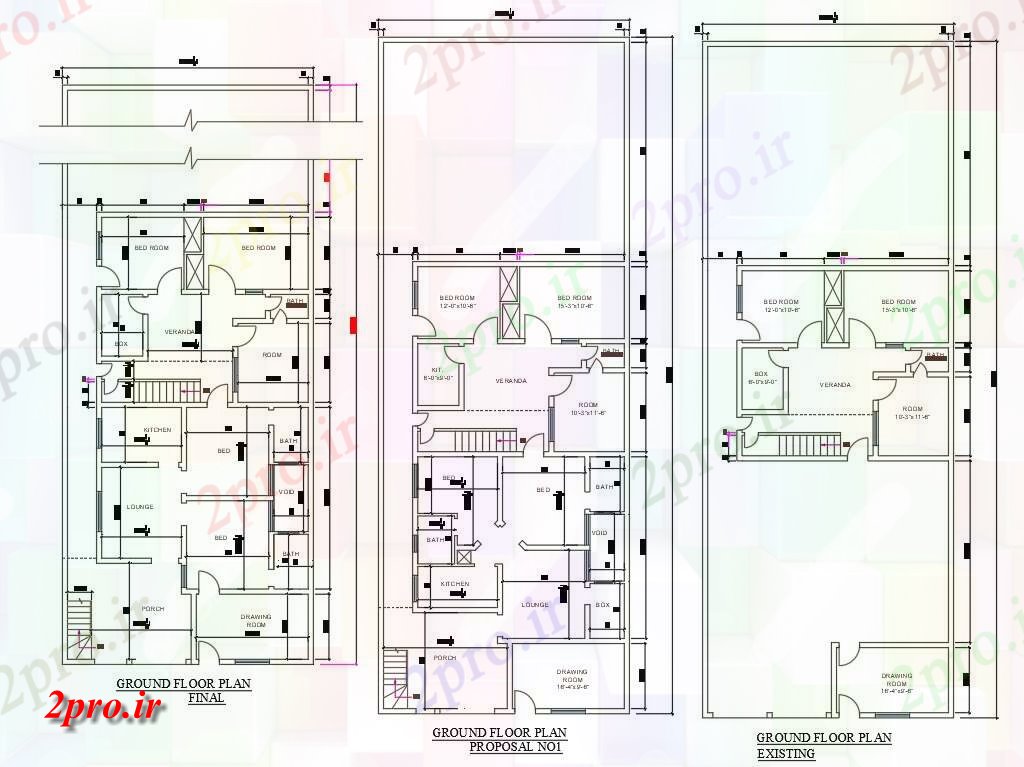 دانلود نقشه مسکونی  ، ویلایی ، آپارتمان    اتوکد نشان دادن 3 نوع 37 'X 99' 2 طرحی BHK خانه  files   (کد48629)